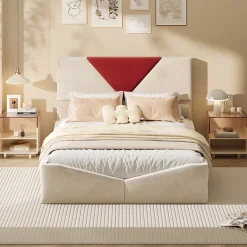 Simple Life Lit 140x190 avec Rangements, Tête de Lit Bicolore Bordeaux, 2 Tiroirs, Design Moderne, Velours, Beige* Lit Coffre