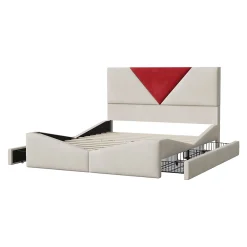 Simple Life Lit 140x190 avec Rangements, Tête de Lit Bicolore Bordeaux, 2 Tiroirs, Design Moderne, Velours, Beige* Lit Coffre