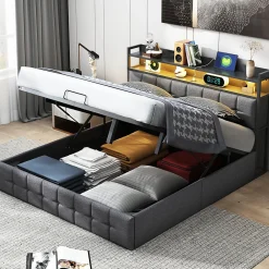 Lit 140x200 avec Sommier, Cadre de lit avec Éclairage LED et 2 Prises CA & 2 Ports USB,Tissu en Lin, Gris><noscript><img width=