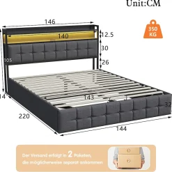 Lit 140x200 avec Sommier, Cadre de lit avec Éclairage LED et 2 Prises CA & 2 Ports USB,Tissu en Lin, Gris><noscript><img width=