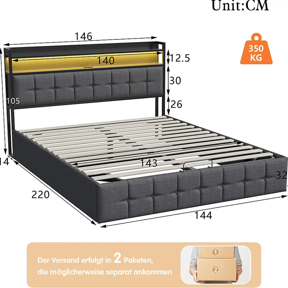 Lit 140x200 avec Sommier, Cadre de lit avec Éclairage LED et 2 Prises CA & 2 Ports USB,Tissu en Lin, Gris>Fortuna lai Online