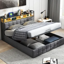 Lit 140x200 avec Sommier, Cadre de lit avec Éclairage LED et 2 Prises CA & 2 Ports USB,Tissu en Lin, Gris><noscript><img width=