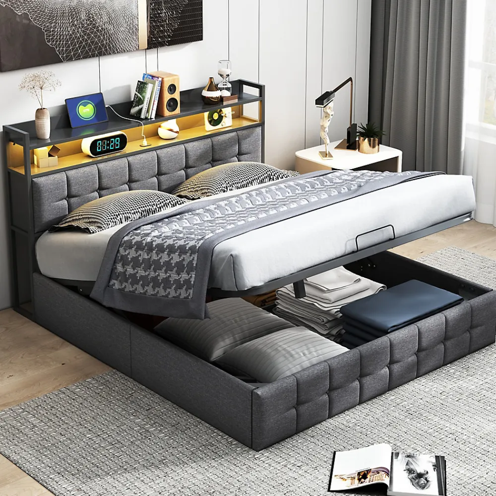 Lit 140x200 avec Sommier, Cadre de lit avec Éclairage LED et 2 Prises CA & 2 Ports USB,Tissu en Lin, Gris>Fortuna lai Online