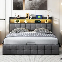 Lit 140x200 avec Sommier, Cadre de lit avec Éclairage LED et 2 Prises CA & 2 Ports USB,Tissu en Lin, Gris><noscript><img width=