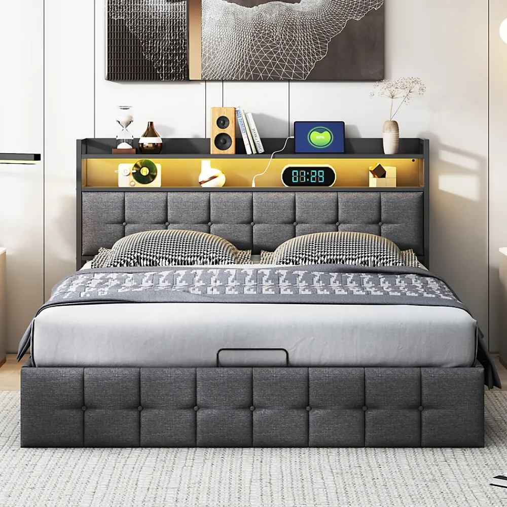 Lit 140x200 avec Sommier, Cadre de lit avec Éclairage LED et 2 Prises CA & 2 Ports USB,Tissu en Lin, Gris>Fortuna lai Online
