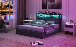 Lit 140x200 avec Sommier, Cadre de lit avec Éclairage LED et 2 Prises CA & 2 Ports USB,Tissu en Lin, Gris><noscript><img width=
