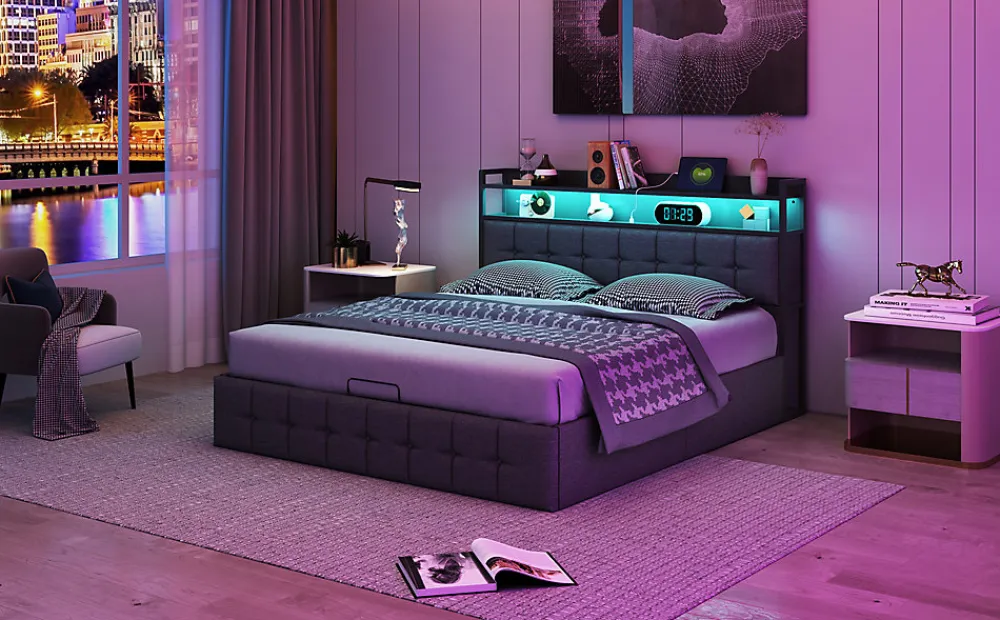 Lit 140x200 avec Sommier, Cadre de lit avec Éclairage LED et 2 Prises CA & 2 Ports USB,Tissu en Lin, Gris>Fortuna lai Online