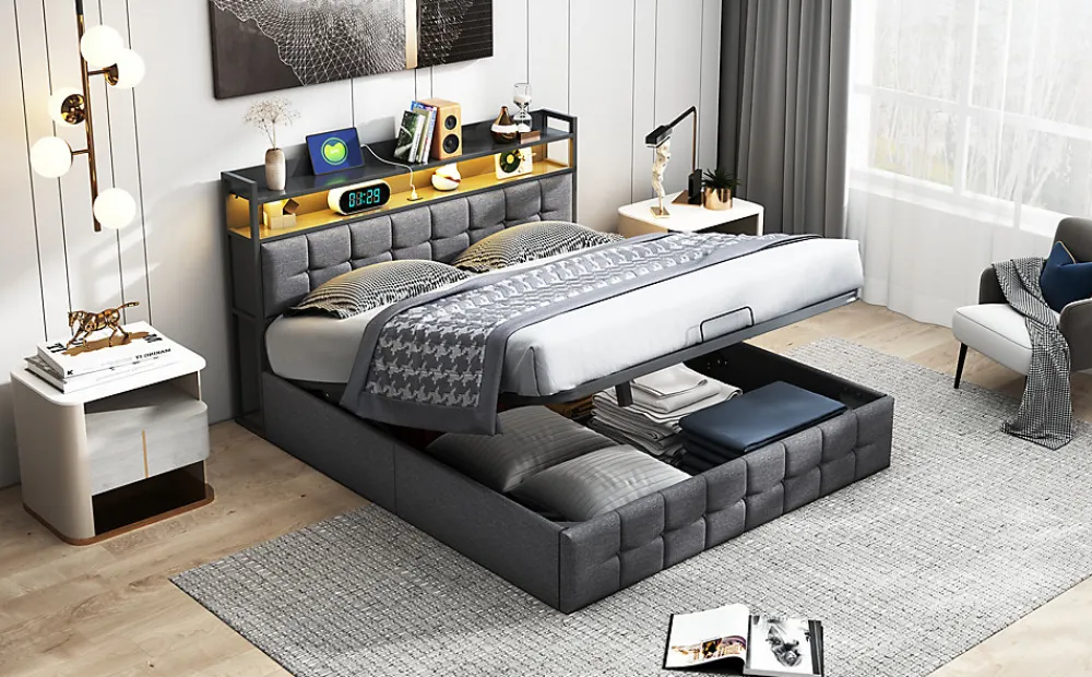 Lit 140x200 avec Sommier, Cadre de lit avec Éclairage LED et 2 Prises CA & 2 Ports USB,Tissu en Lin, Gris>Fortuna lai Online