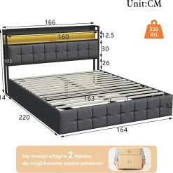 Lit 160x200 avec Sommier, Cadre de lit avec Éclairage LED et 2 Prises CA & 2 Ports USB,Tissu en Lin, Gris><noscript><img width=