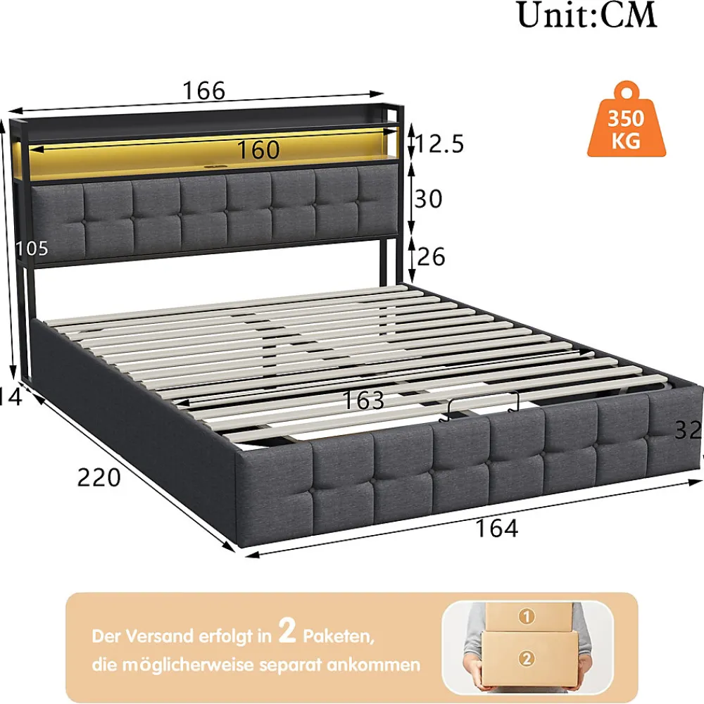 Lit 160x200 avec Sommier, Cadre de lit avec Éclairage LED et 2 Prises CA & 2 Ports USB,Tissu en Lin, Gris>Fortuna lai