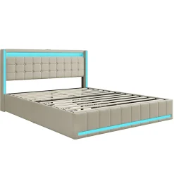 Simple Life Lit 160x200 Avec Sommier LED Et USB, Lit Coffre 160x200 Avec Lattes Et 4 Tiroirs , Beige* Lit Coffre