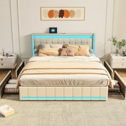 Simple Life Lit 160x200 Avec Sommier LED Et USB, Lit Coffre 160x200 Avec Lattes Et 4 Tiroirs , Beige* Lit Coffre