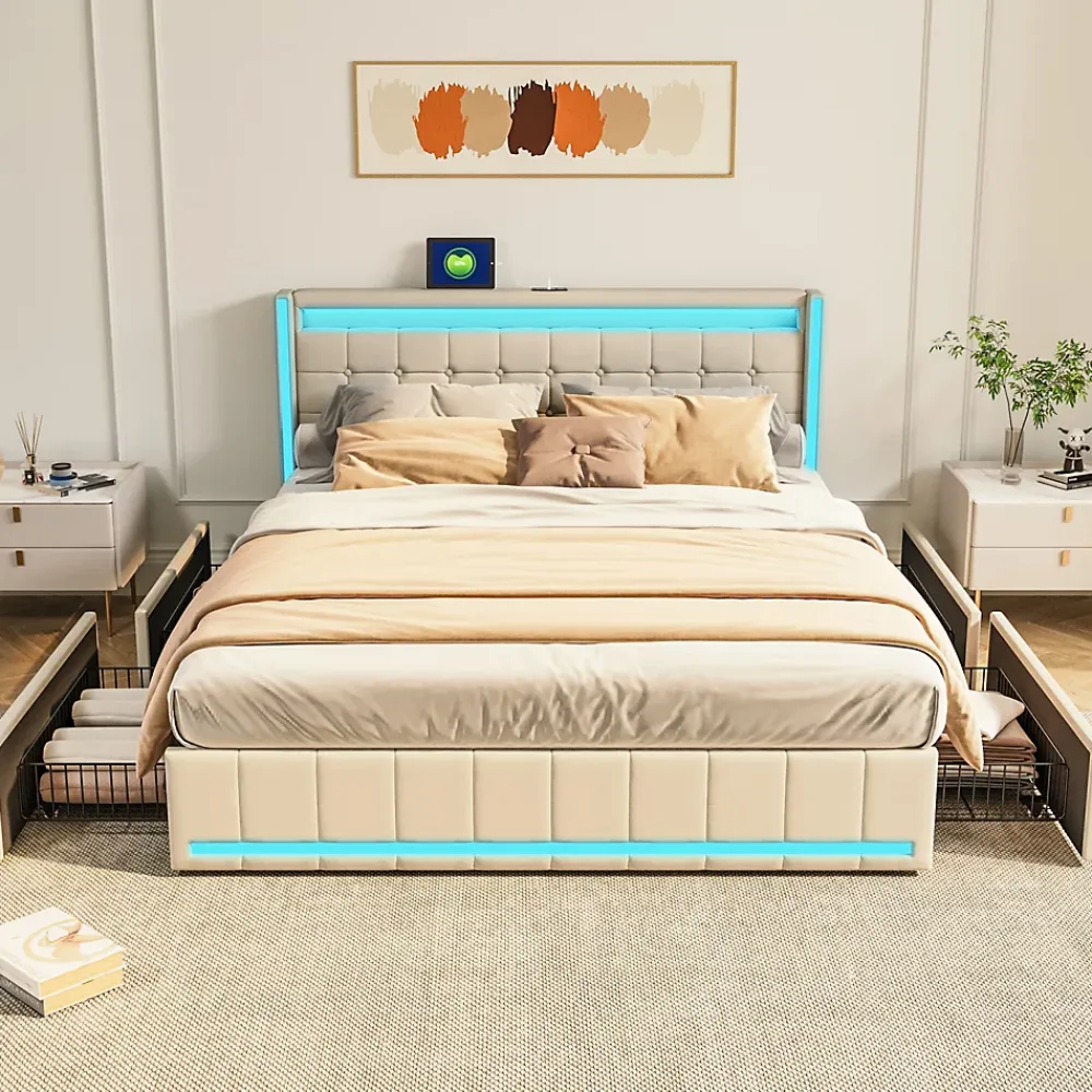 Simple Life Lit 160x200 Avec Sommier LED Et USB, Lit Coffre 160x200 Avec Lattes Et 4 Tiroirs , Beige* Lit Coffre