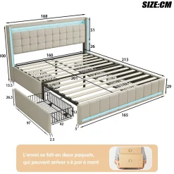 Simple Life Lit 160x200 Avec Sommier LED Et USB, Lit Coffre 160x200 Avec Lattes Et 4 Tiroirs , Beige* Lit Coffre
