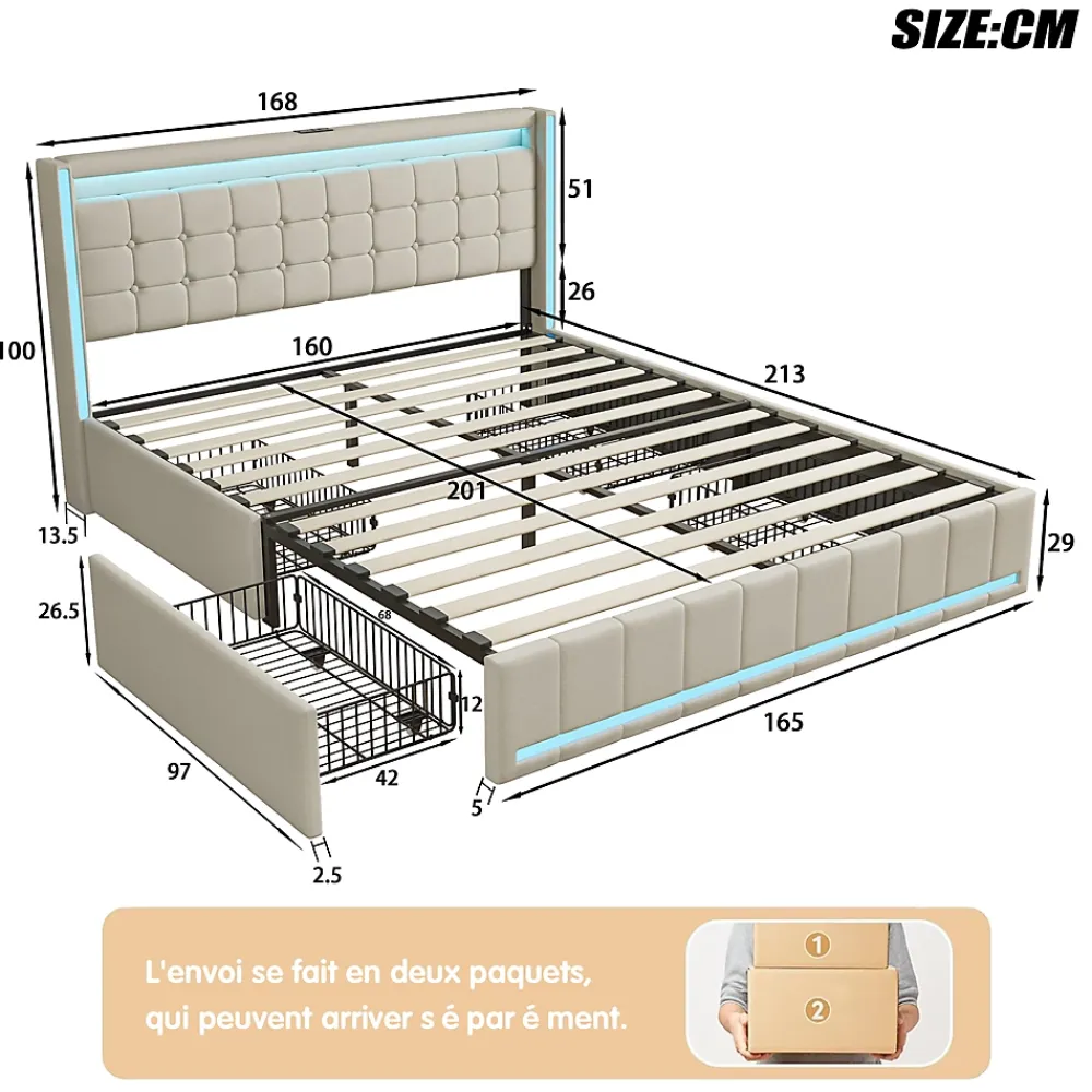Simple Life Lit 160x200 Avec Sommier LED Et USB, Lit Coffre 160x200 Avec Lattes Et 4 Tiroirs , Beige* Lit Coffre