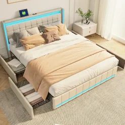 Simple Life Lit 160x200 Avec Sommier LED Et USB, Lit Coffre 160x200 Avec Lattes Et 4 Tiroirs , Beige* Lit Coffre