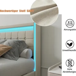 Simple Life Lit 160x200 Avec Sommier LED Et USB, Lit Coffre 160x200 Avec Lattes Et 4 Tiroirs , Beige* Lit Coffre