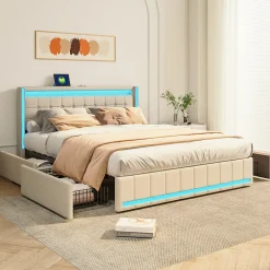 Lit 160x200 avec Sommier LED et USB, Lit Coffre 140x200 avec Lattes et 4 Tiroirs , Beige>Fortuna lai
