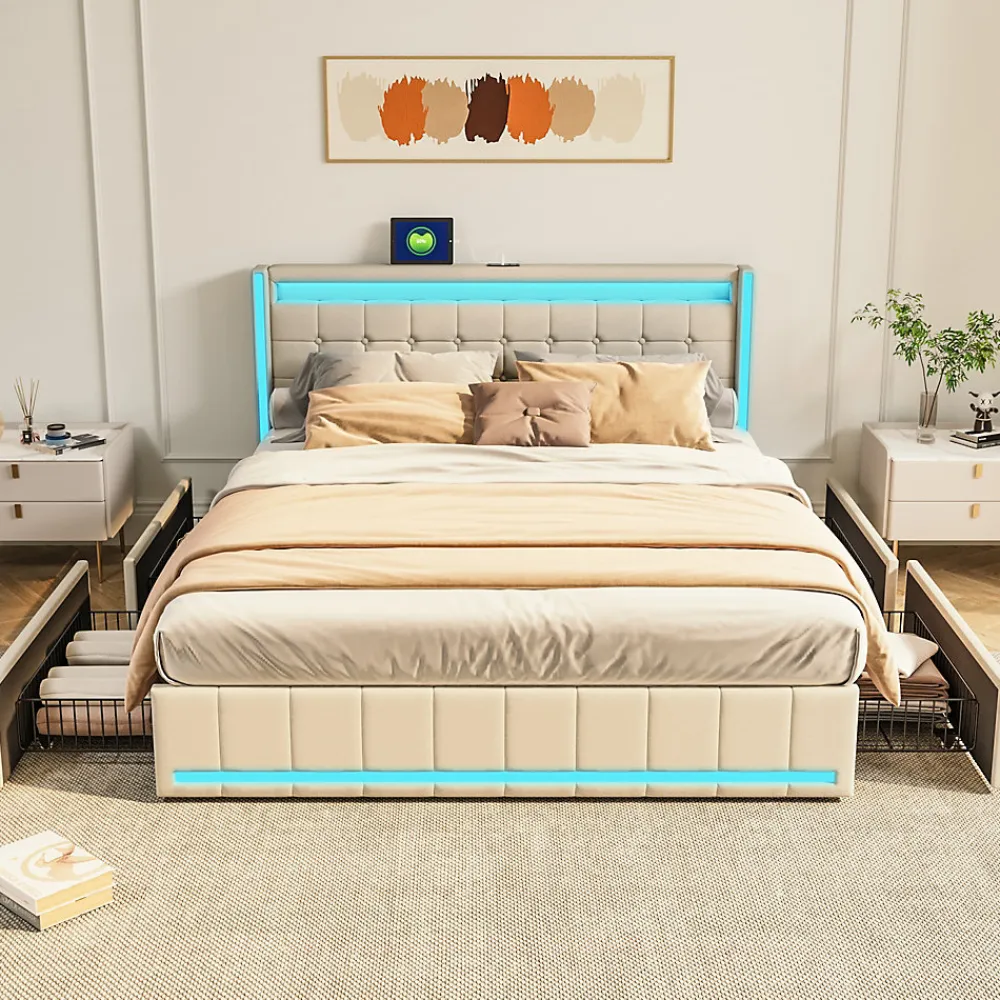 Lit 160x200 avec Sommier LED et USB, Lit Coffre 140x200 avec Lattes et 4 Tiroirs , Beige>Fortuna lai
