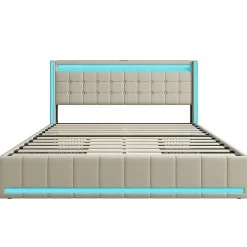 Lit 160x200 avec Sommier LED et USB, Lit Coffre 140x200 avec Lattes et 4 Tiroirs , Beige><noscript><img width=