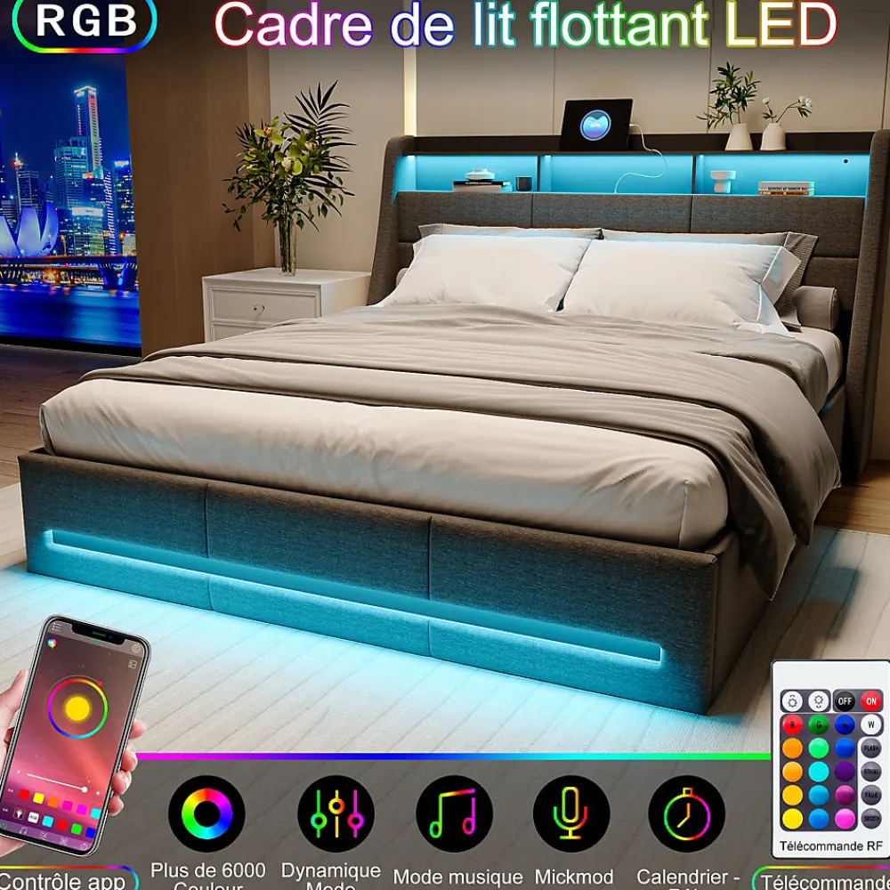 Lit 140x190 avec Sommier LED et USB, Lit Coffre avec Rangement et Tete de Lit, lit 2 persons de Rangement Hydraulique, Gris>Simple Life Clearance