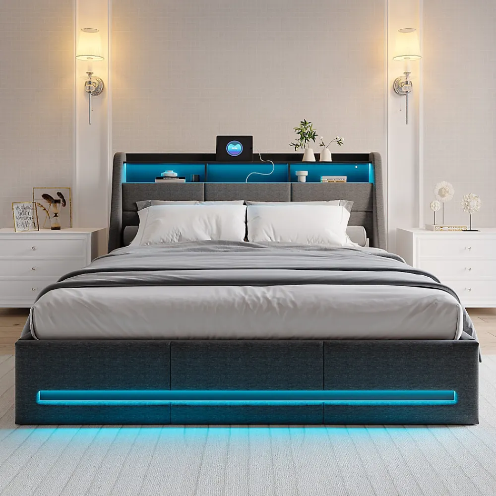 Lit 140x190 avec Sommier LED et USB, Lit Coffre avec Rangement et Tete de Lit, lit 2 persons de Rangement Hydraulique, Gris>Simple Life Clearance