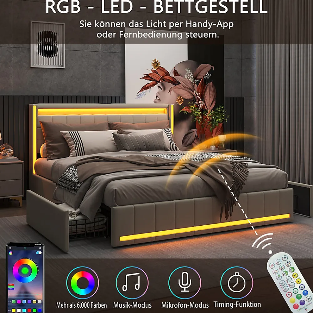 Lit 140x190 avec Sommier LED et USB, Lit Double avec 4 tiroirs, Beige>Simple Life Outlet