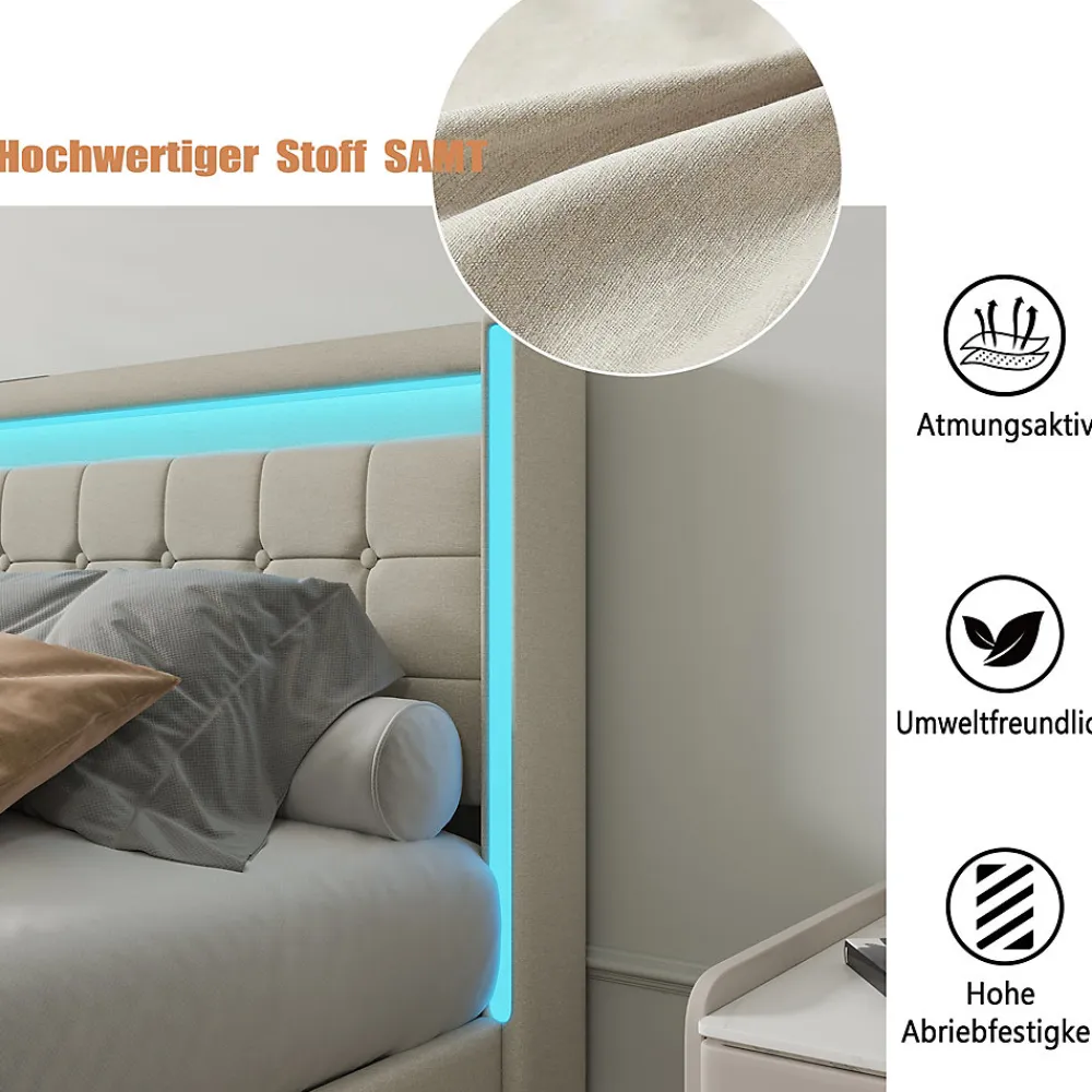 Lit 140x190 avec Sommier LED et USB, Lit Double avec 4 tiroirs, Beige>Simple Life Outlet