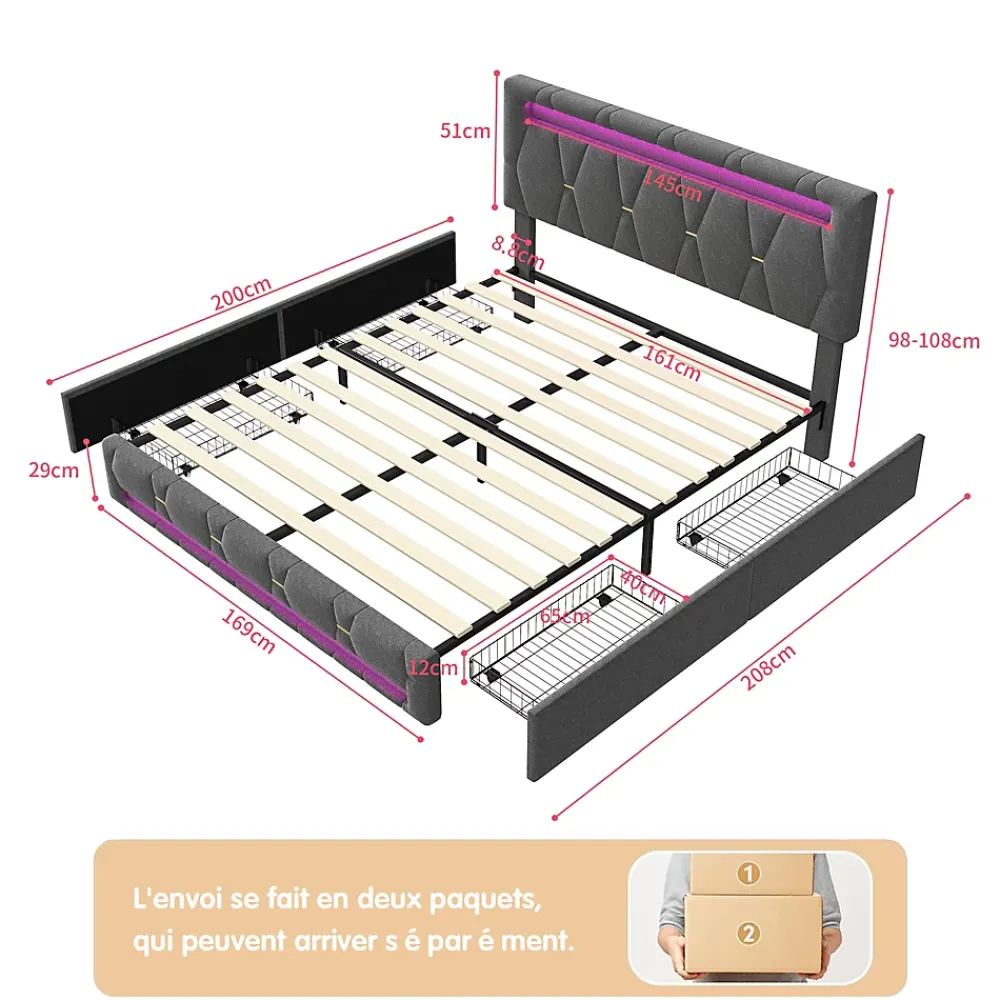 Fortuna lai Lit 160x200 avec Sommier LED et USB,Lit capitonné avec 4 tiroirs et Grand Rangement Lit,Gris* Lit Coffre