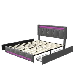 Fortuna lai Lit 160x200 avec Sommier LED et USB,Lit capitonné avec 4 tiroirs et Grand Rangement Lit,Gris* Lit Coffre