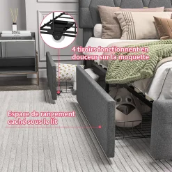 Fortuna lai Lit 160x200 avec Sommier LED et USB,Lit capitonné avec 4 tiroirs et Grand Rangement Lit,Gris* Lit Coffre
