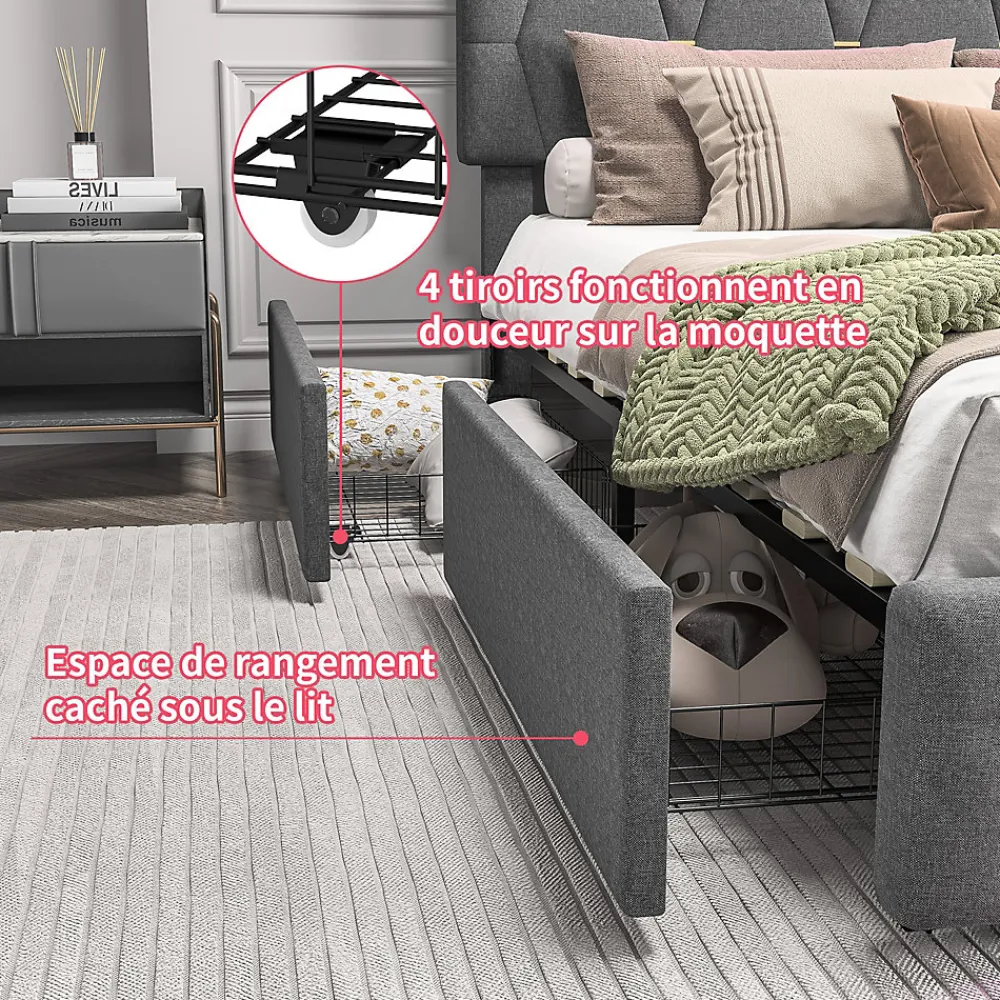 Fortuna lai Lit 160x200 avec Sommier LED et USB,Lit capitonné avec 4 tiroirs et Grand Rangement Lit,Gris* Lit Coffre