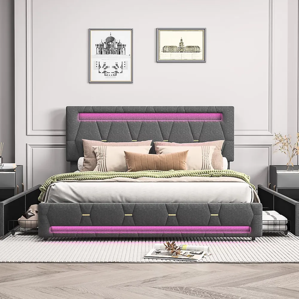 Fortuna lai Lit 160x200 avec Sommier LED et USB,Lit capitonné avec 4 tiroirs et Grand Rangement Lit,Gris* Lit Coffre