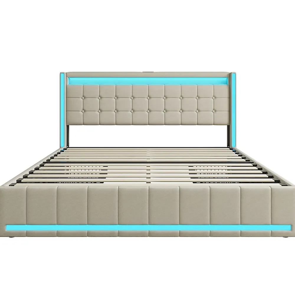 Simple Life Lit 140x200 Avec Sommier LED Et USB, Lit Coffre 140x200 Avec Lattes Et 4 Tiroirs , Beige* Lit Coffre