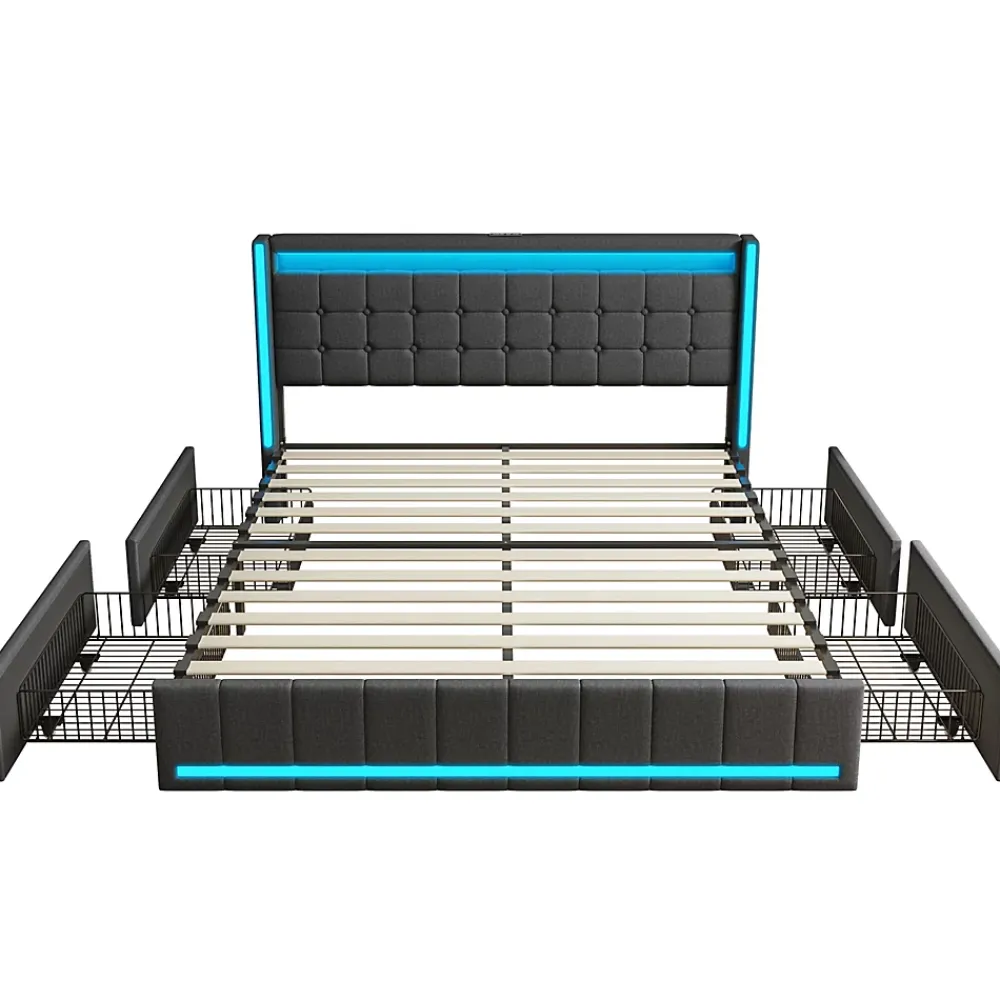 Simple Life Lit 180x200 Avec Sommier LED Et USB, Lit Coffre 140x200 Avec Lattes Et 4 Tiroirs , Gris* Lit Coffre