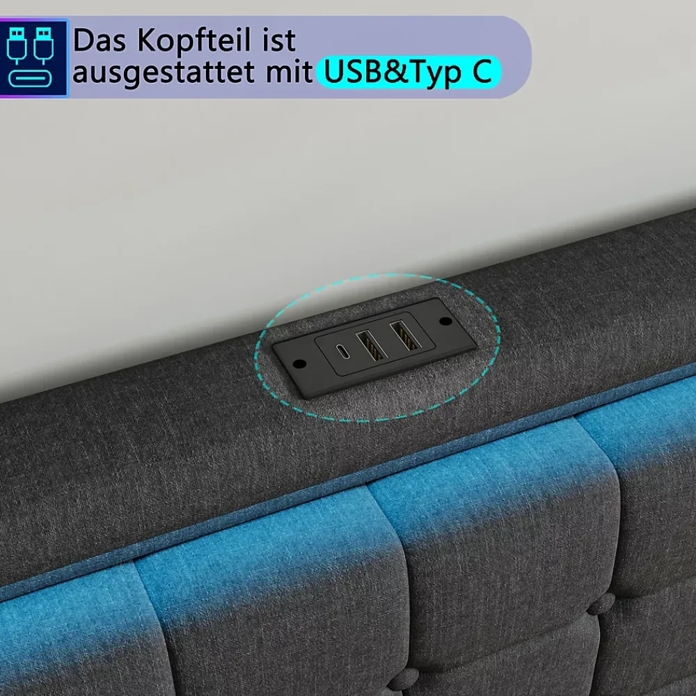 Simple Life Lit 180x200 Avec Sommier LED Et USB, Lit Coffre 140x200 Avec Lattes Et 4 Tiroirs , Gris* Lit Coffre