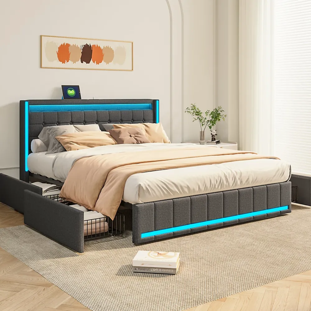Simple Life Lit 180x200 Avec Sommier LED Et USB, Lit Coffre 140x200 Avec Lattes Et 4 Tiroirs , Gris* Lit Coffre