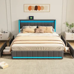 Simple Life Lit 180x200 Avec Sommier LED Et USB, Lit Coffre 140x200 Avec Lattes Et 4 Tiroirs , Gris* Lit Coffre