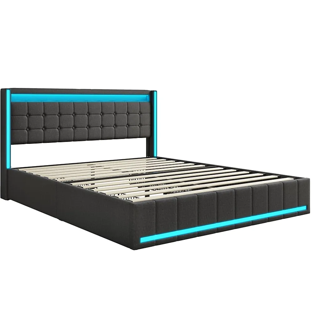 Simple Life Lit 180x200 Avec Sommier LED Et USB, Lit Coffre 140x200 Avec Lattes Et 4 Tiroirs , Gris* Lit Coffre