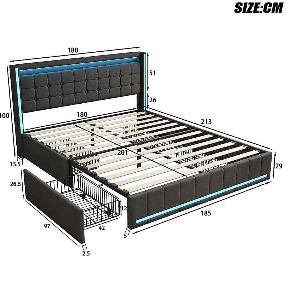 Simple Life Lit 180x200 Avec Sommier LED Et USB, Lit Coffre 140x200 Avec Lattes Et 4 Tiroirs , Gris* Lit Coffre