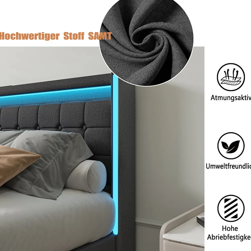 Simple Life Lit 180x200 Avec Sommier LED Et USB, Lit Coffre 140x200 Avec Lattes Et 4 Tiroirs , Gris* Lit Coffre