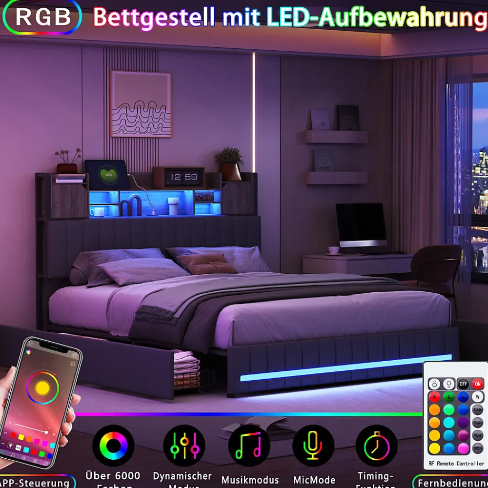 Lit 160x200 avec Sommier LED et USB, Lit Coffre avec 4 Tiroirs et Rangement Tête Delit, Gris>Fortuna lai New