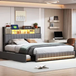 Lit 160x200 avec Sommier LED et USB, Lit Coffre avec 4 Tiroirs et Rangement Tête Delit, Gris><noscript><img width=