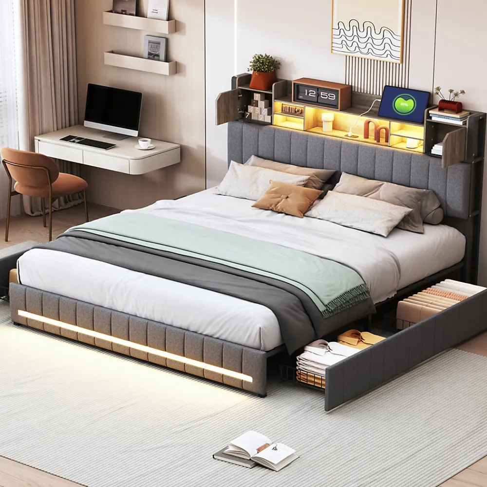 Lit 160x200 avec Sommier LED et USB, Lit Coffre avec 4 Tiroirs et Rangement Tête Delit, Gris>Fortuna lai New
