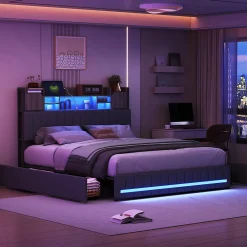 Lit 160x200 avec Sommier LED et USB, Lit Coffre avec 4 Tiroirs et Rangement Tête Delit, Gris><noscript><img width=