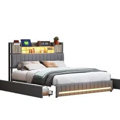 Lit 140x190 avec Sommier LED et USB, Lit Coffre avec 4 Tiroirs et Rangement Tête Delit, Gris>Fortuna lai Sale