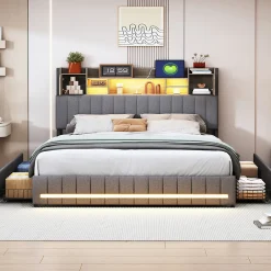 Lit 140x190 avec Sommier LED et USB, Lit Coffre avec 4 Tiroirs et Rangement Tête Delit, Gris><noscript><img width=