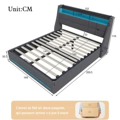 Lit 140x190 avec Sommier LED et USB, Lit Coffre avec Rangement et Tete de Lit, Gris><noscript><img width=