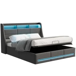 Lit 140x190 avec Sommier LED et USB, Lit Coffre avec Rangement et Tete de Lit, Gris><noscript><img width=