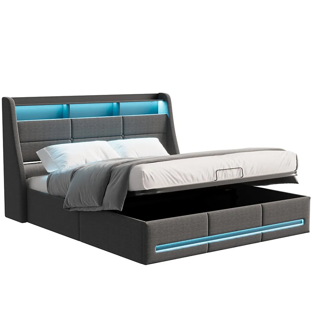 Lit 140x190 avec Sommier LED et USB, Lit Coffre avec Rangement et Tete de Lit, Gris>Simple Life New
